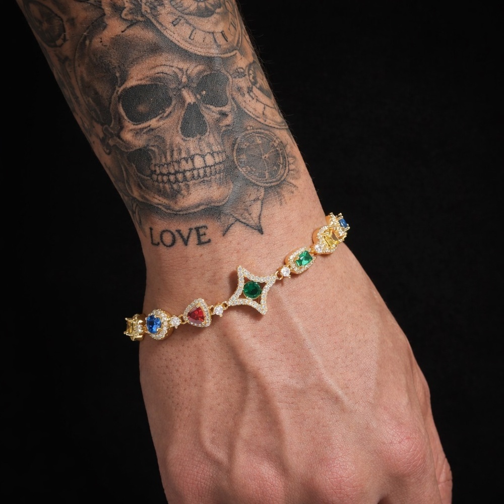 Gold Multicolor Gemstone Link Bracelet - 8inch Designer Style